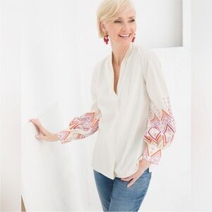 NEW Chico’s Cream Blouse Pink Embroidery Balloon Sleeves Top Long Sleeve Size 4
